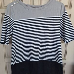 Crofts & Barrow Color Block Tee Shirt SzL Shoulder Detail Gray/Black White Strip